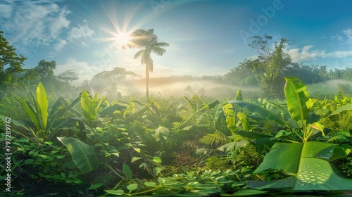 a rifst plane of HDRI panorama of a sunny jungle, green, with exotic plants, juicy colors,   photo