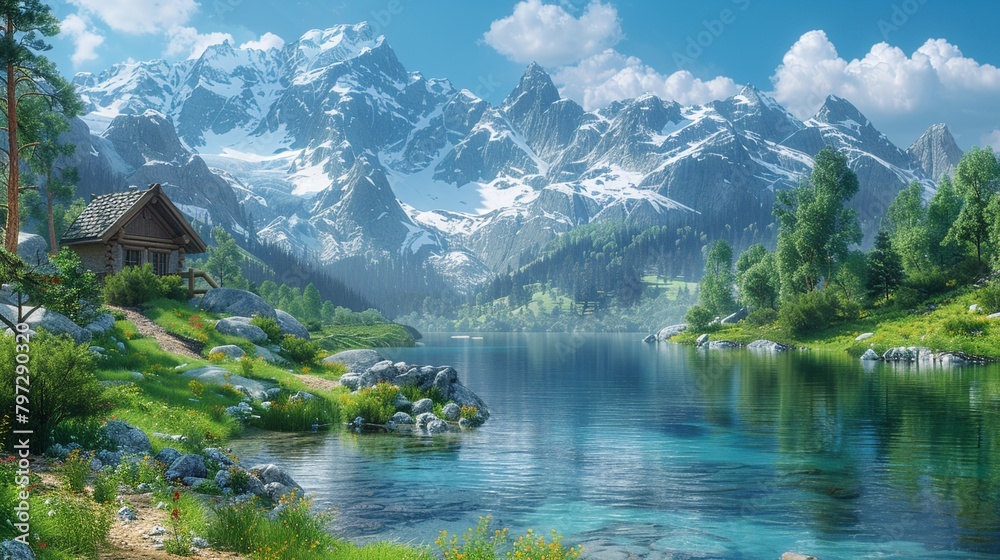 Fototapeta premium Design a serene mountain landscape with snow-capped peaks winding trails