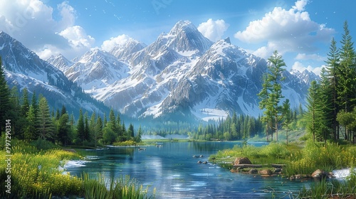 Design a serene mountain landscape with snow-capped peaks winding trails