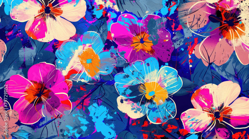 Bright contrast multicolored floral pattern with brush strokes of paint 