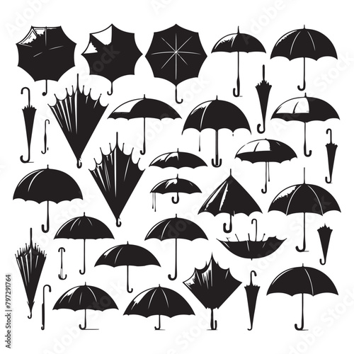 Black silhouette set of various umbrellas, vector illustration photo