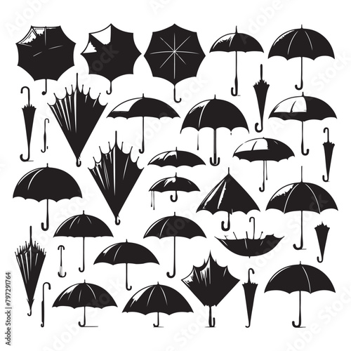 Black silhouette set of various umbrellas, vector illustration