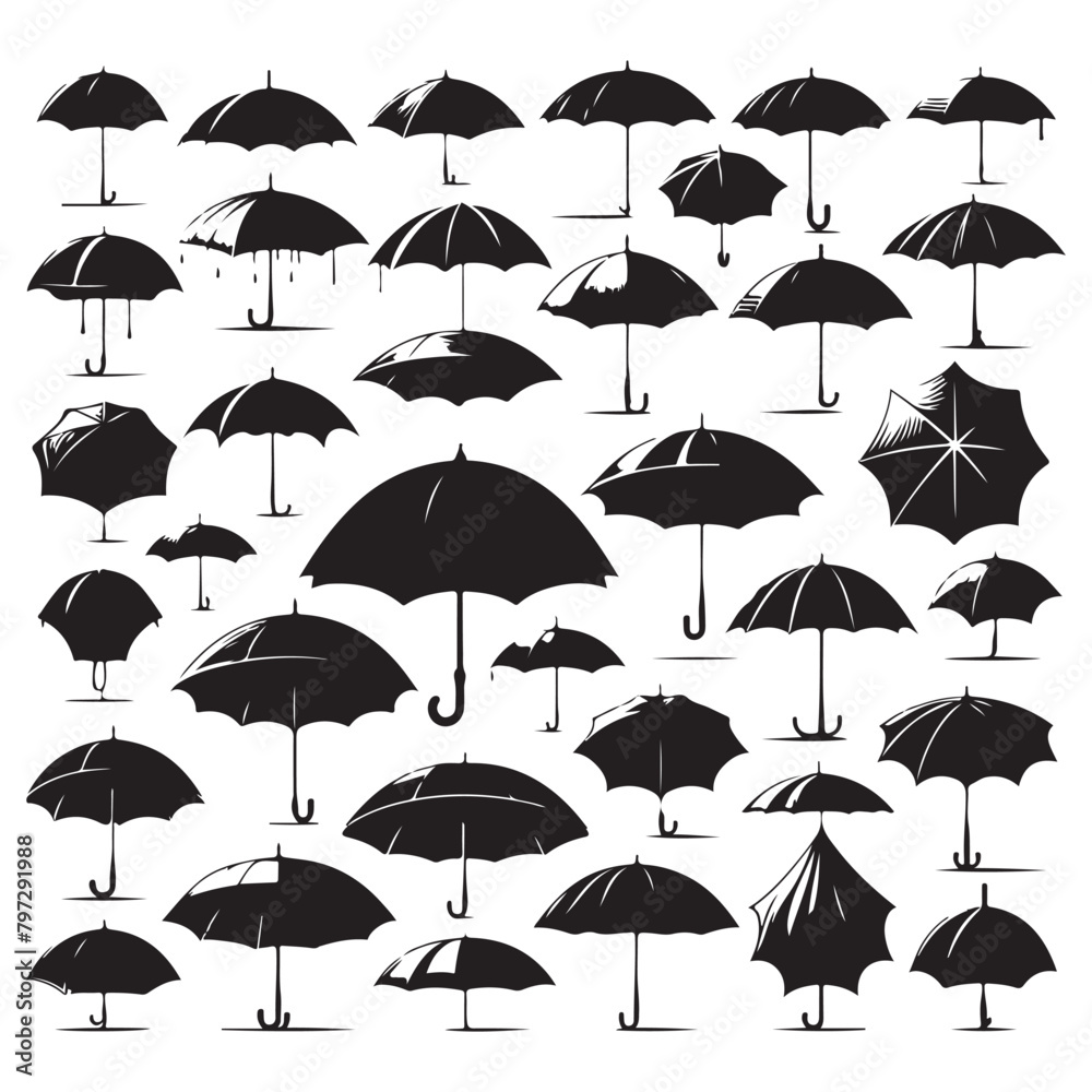 Black silhouette set of various umbrellas, vector illustration