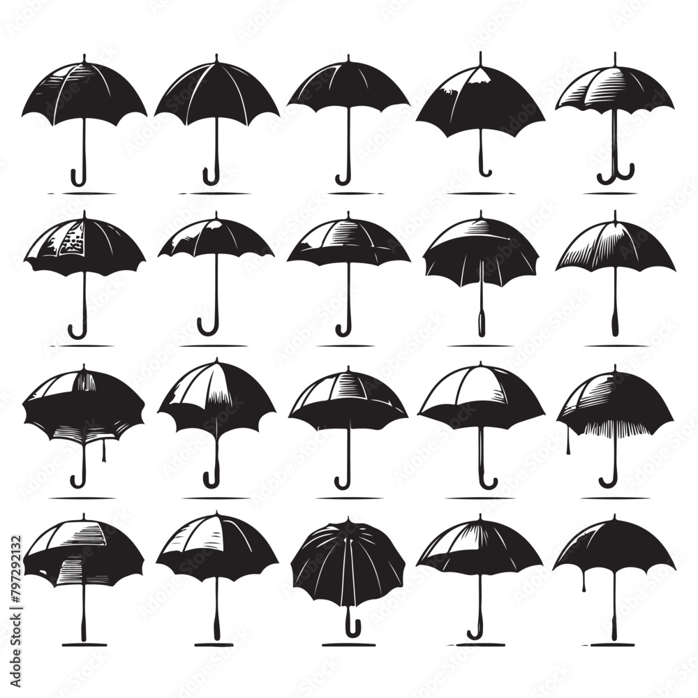 Black silhouette set of various umbrellas, vector illustration