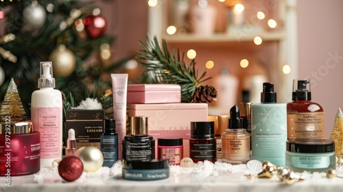 A festive display of holiday-themed beauty products with decorations