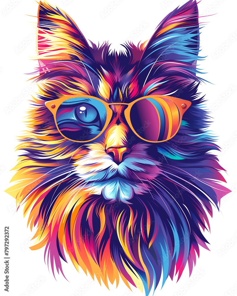 A cat with a colorful mane and sunglasses on its face