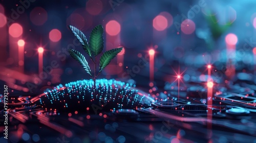 A circuit board with a plant growing out of it. The plant is green and the circuit board is blue. The background is dark blue and there are some red lights in the background. photo
