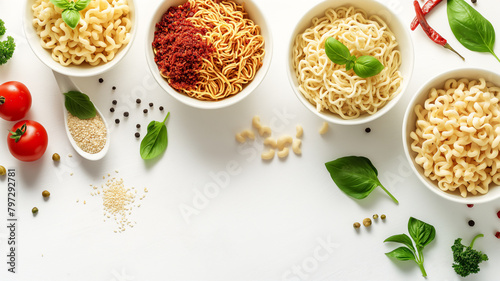 Variety of pasta in bowls with tomatoes and basil on a white table.