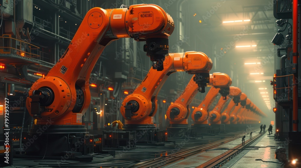 Group of Orange Robots Standing on Top of Train Track