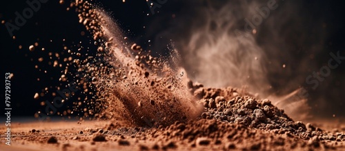 An up-close view of a mound of soil surrounded by swirling particles of dust in the air photo