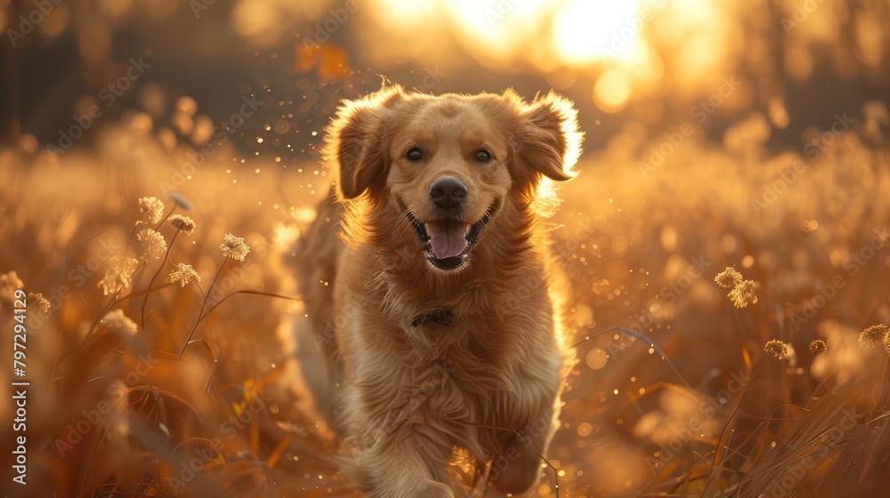 Dog Running Through Field of Tall Grass