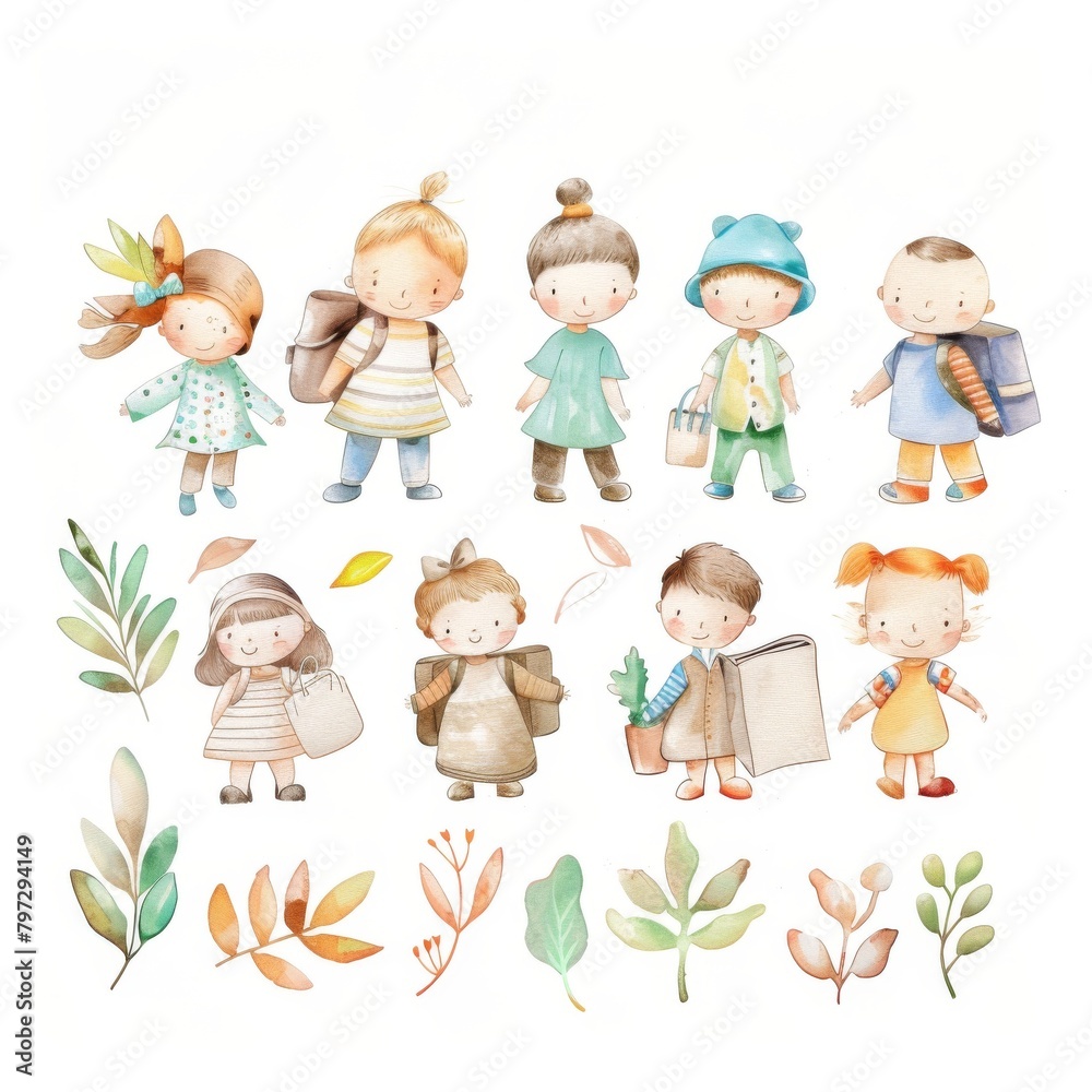 Fototapeta premium Watercolor painting of a group of children are standing in a line, some of them are carrying books. Concept of innocence and childhood.