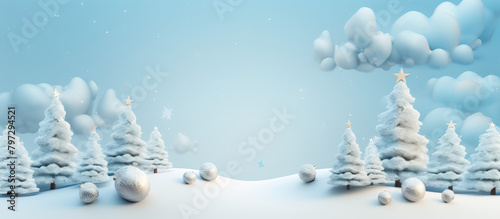 Winter landscape with snowdrifts and snowy fir trees. . Festive holiday xmas horizontal banner with stars, cloud, snowfall and moon. © ribelco