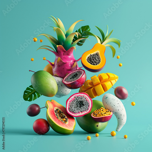 A floating pack of grocery featuring dragon fruit, passion fruit, mango, and papaya, set against a tropical teal background. Rendered in a clay 3D model style, the scene showcases a lush and vibrant 