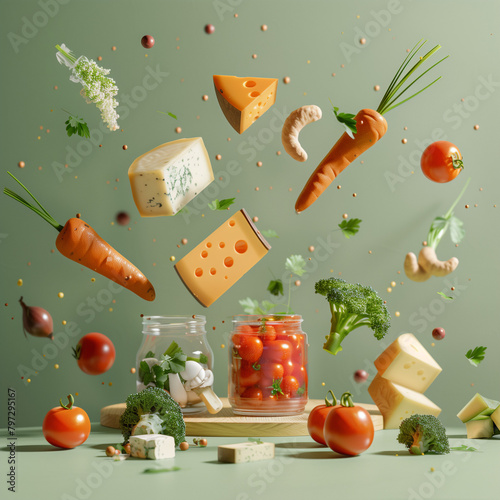 A floating pack of grocery showcasing organic carrots, heirloom tomatoes, artisanal cheese, and homemade jams, set against a fresh spring green background. Rendered in a clay 3D model style