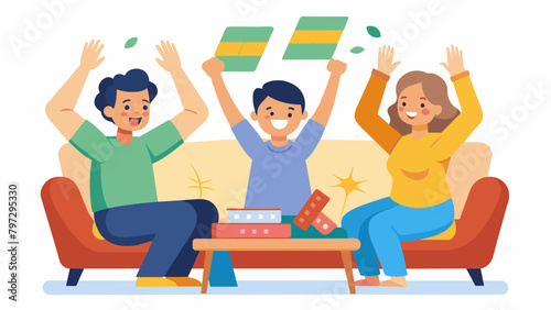 The parents sit on the couch cheering on their children as they fiercely compete in a game of Scrabble for the Family Board Game Olympics their