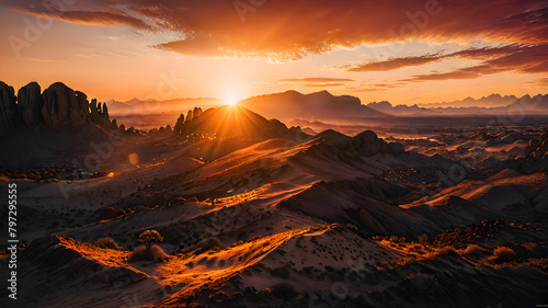 A fiery sunset over a desert landscape © ankpristoriko