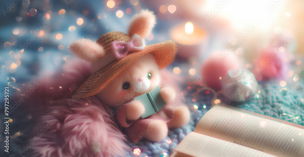Fototapeta premium Cute doll reading a book on bokeh background, copy space