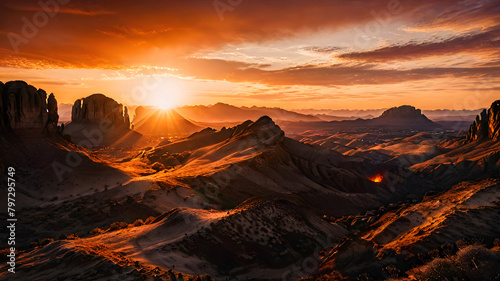 A fiery sunset over a desert landscape