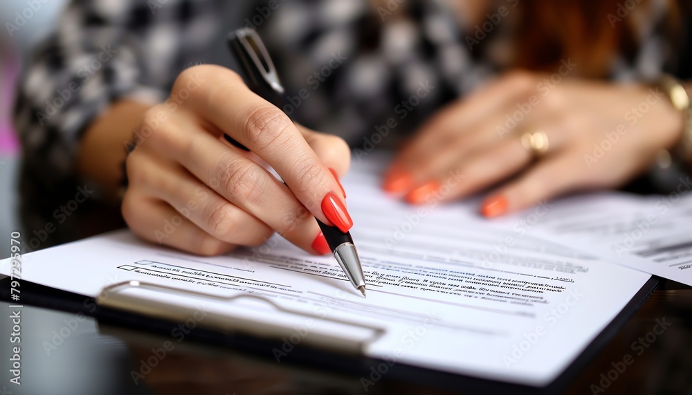Closeup on businesswomans hands reviewing contracts, detailed paperwork with pen and glasses Closeup on businesswomans hands reviewing contracts, detailed paperwork with pen and glasses