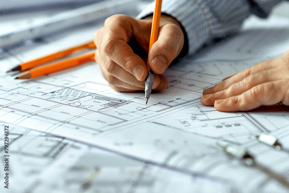 Architect drawing detailed plans on a light table, precision tools and architectural drawings visible Architect drawing detailed plans on a light table, precision tools and architectural drawings visible