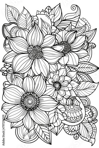 coloring book for adults flower mandalas, 2d, thick lines, black and white, no shading, 