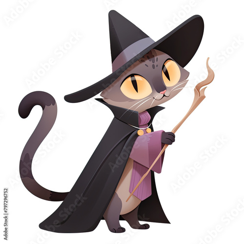 An illustration of a cute wizard cat holding a wand