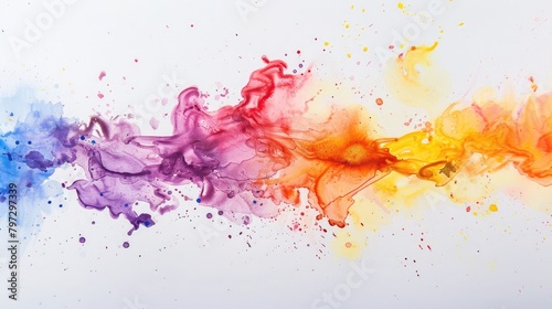 Abstract colorful rainbow spots and sprays paint on a white background.