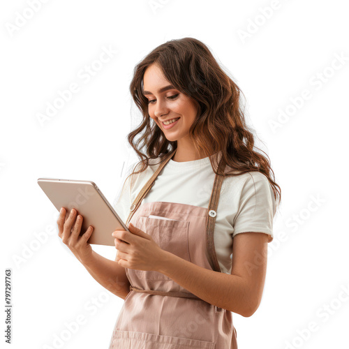 hand holding digital tablet young woman in apron smiling looking at something on transparency background PNG  © Sim