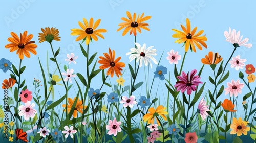 Draw a bunch of flowers, you can clearly distinguish the flowers and grass, depict the bright and dark sides, vectorize and flatten   photo