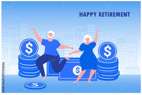 Senior retirement couple holing coins and banknotes savings vector illustration. Happy retirement, financial investment planning, pension and savings concept