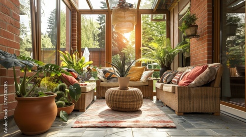 A tranquil conservatory bathed in natural sunlight, showcasing an array of lush indoor plants and cozy wicker furniture for relaxation.