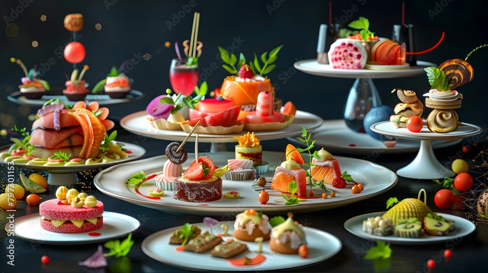 Elegant array of gourmet desserts with vibrant colors and exquisite garnishes, displayed artistically on a dark background. Elegant array of gourmet desserts with vibrant colors and exquisite garnishes, displayed artistically on a dark background.