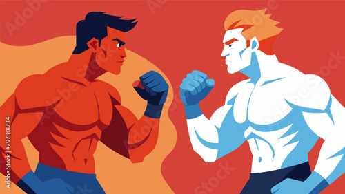 Two competitors face off in the ring their dedication to kickboxing evident in their toned muscles and chiseled abs.