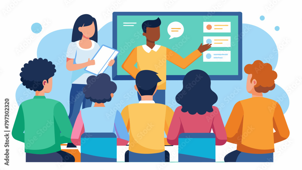 A group of students gather around a projector screen at a Juneteenth Grants seminar eagerly learning about different scholarship options and how to. Vector illustration