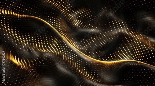 Black luxury background with golden line elements and light ray effect decoration and bokeh.