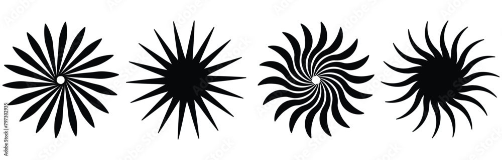 Sunburst element radial strips. Circular pattern of radial, radiating lines. Monochrome starburst, sunburst element. Sunburst element radial strips. Circular pattern of radial, radiating lines. Monochrome starburst, sunburst element.