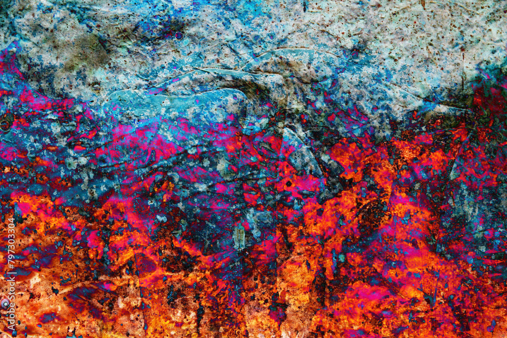 abstract paint surface with worn textural effect in orange, pink, blue, gray-brown, pink