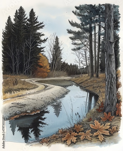 watercolor painting of a winding dirt road through a forest