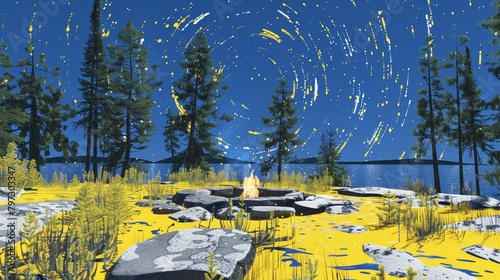 Yellow and blue landscape with a lake, trees and a campfire under a starry night sky.