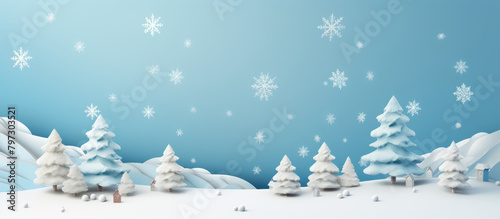 3d illustration render winter landscape with snowdrifts and snowy fir trees. . Festive holiday xmas horizontal banner with stars, cloud, snowfall and moon. 