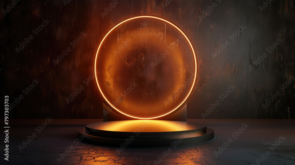 Composition with a shiny round frame and a round podium on a dark background
