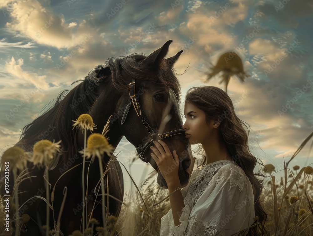 Fototapeta premium A portrait of a woman and her horse standing in perfect harmony, mirroring each other's elegance