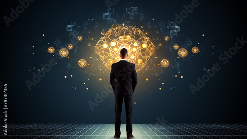 Businessman contemplating networked digital orbs. Concept of global connectivity and innovation in business with futuristic graphic elements
