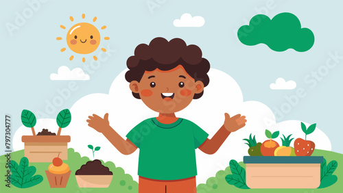 A child excitedly explaining composting to their family and how they are turning food scraps into nutrientrich soil for their own garden.