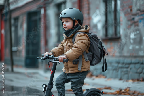 A kid in a dark helmet and a brown jacket on an electric scooter. © kvladimirv