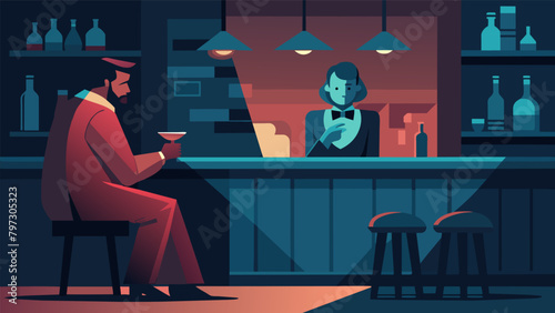 In a dimly lit speakeasy a lone figure sits at the bar nursing a drink and pouring their heart out to the sympathetic bartender.. Vector illustration photo