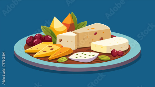 A vibrant and flavorful cheese platter featuring chunks of creamy chevre tangy feta and sharp cheddar accompanied by a selection of crunchy almonds.