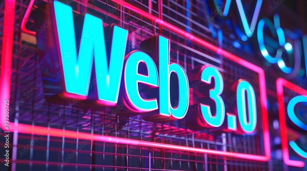 Neon sign of Web 3.0 shines against a backdrop of abstract digital lines and code.
