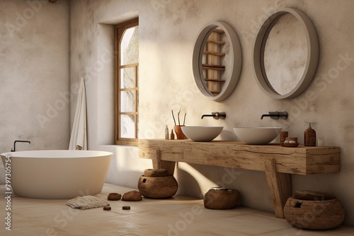 Rustic Bathroom Interior with Natural Elements and Thick Wood Vanity Beam